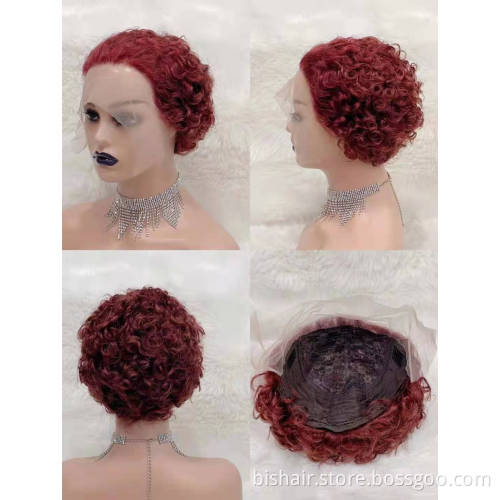 Wholesale Short Pixie Cut Curly Brazilian Human Hair Bob Wig 99j Red Burgundy Colored Transparent 13X4 Lace Frontal Wig